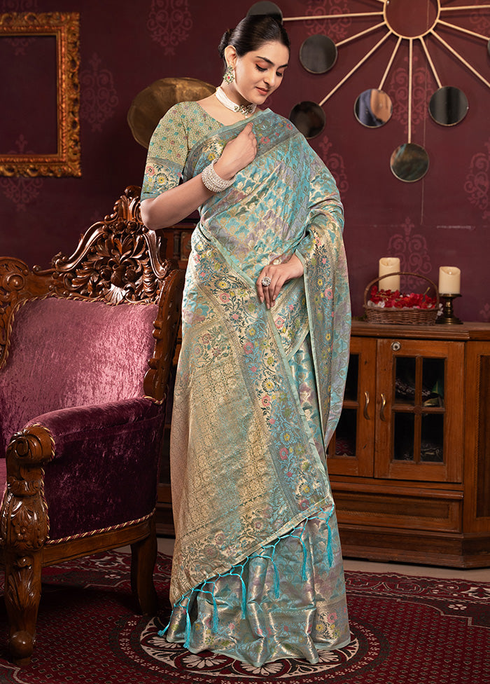 Sky Blue Spun Silk Saree With Blouse Piece