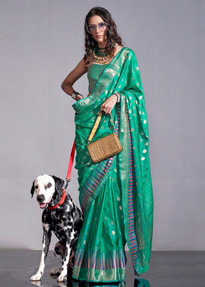 Rama Green Spun Silk Saree With Blouse Piece