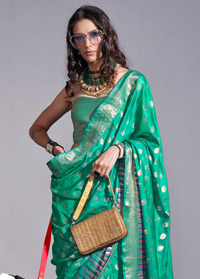 Rama Green Spun Silk Saree With Blouse Piece