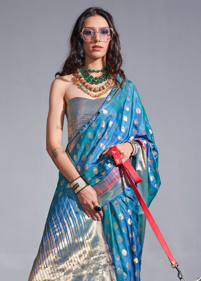 Blue Spun Silk Saree With Blouse Piece