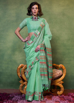 Mint Green Cotton Saree With Blouse Piece