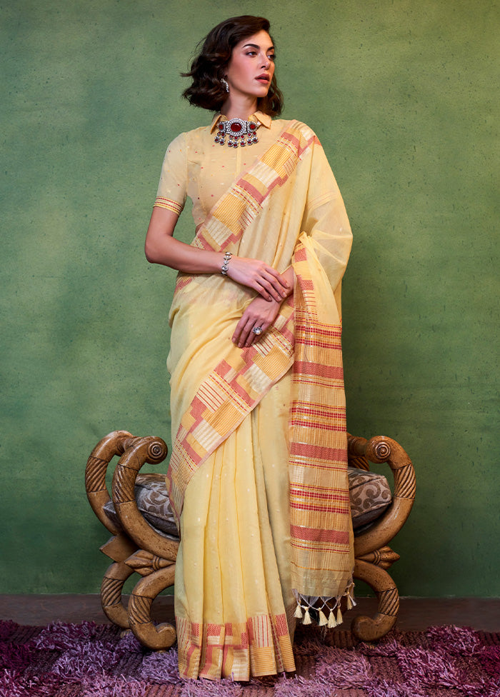 Light Yellow Cotton Saree With Blouse Piece