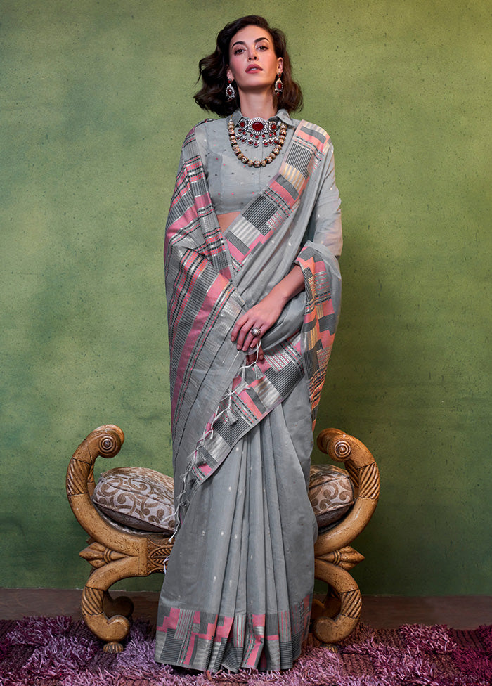 Grey Cotton Saree With Blouse Piece