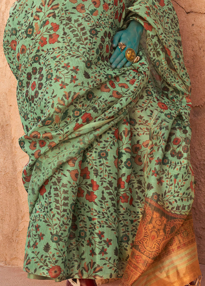 Green Spun Silk Saree With Blouse Piece