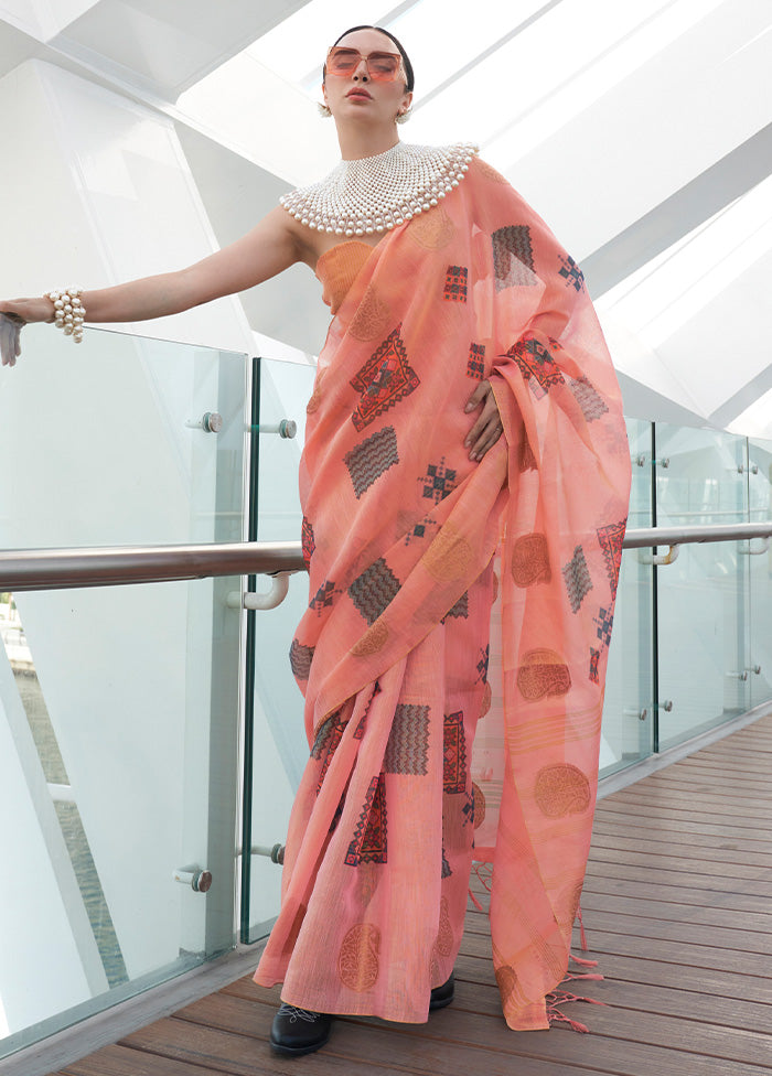 Peach Spun Silk Saree With Blouse Piece