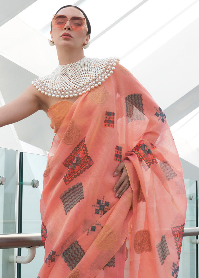 Peach Spun Silk Saree With Blouse Piece