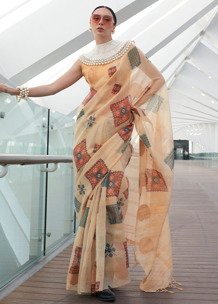 Light Peach Spun Silk Saree With Blouse Piece