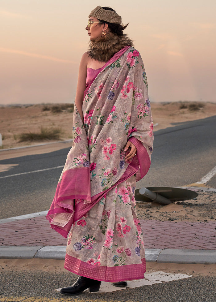 Grey Linen Silk Saree With Blouse Piece