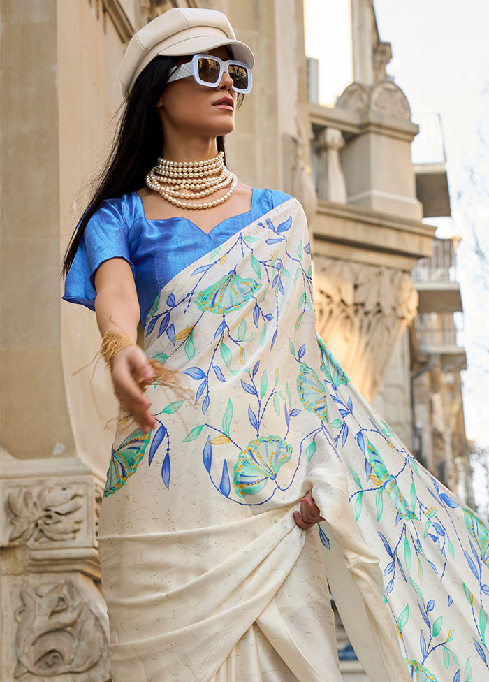 Cream Satin Silk Saree With Blouse Piece