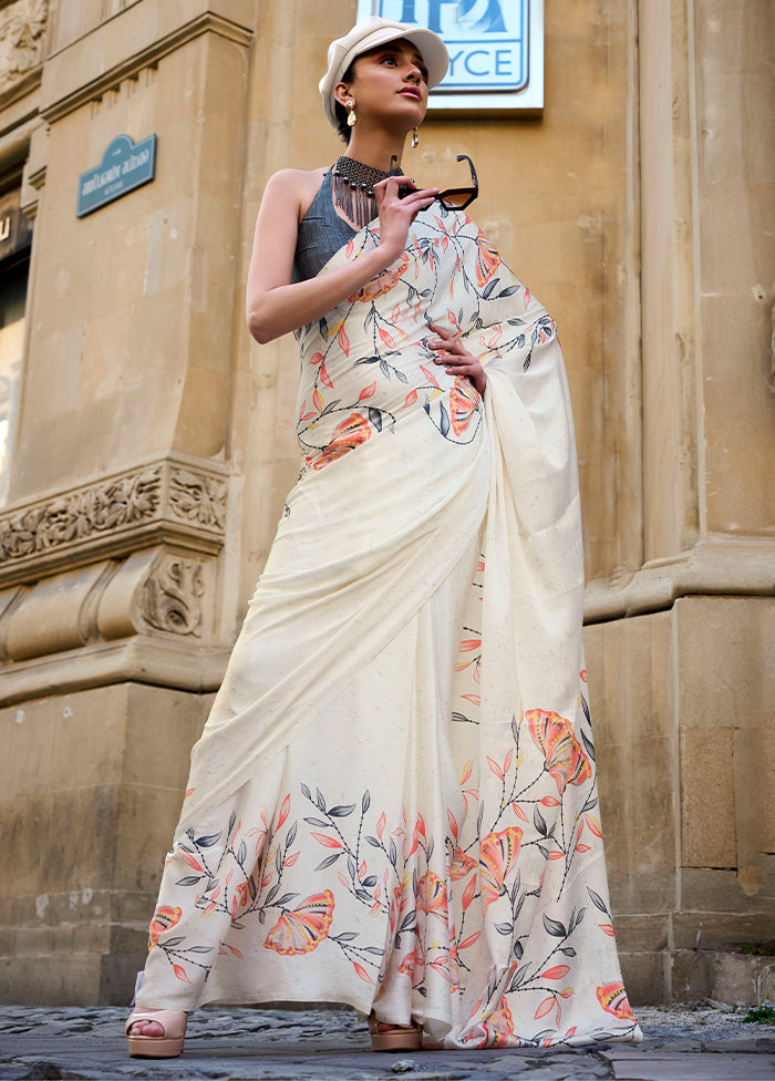 Cream Satin Silk Saree With Blouse Piece