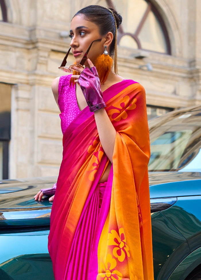 Multicolor Satin Silk Saree With Blouse Piece