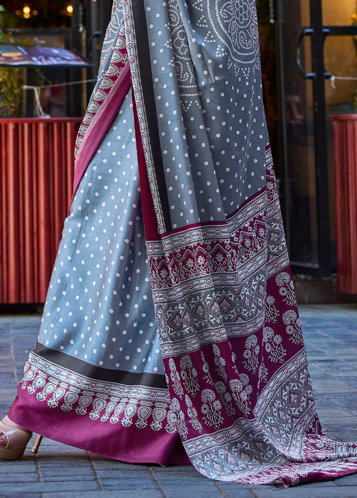 Grey Satin Silk Saree With Blouse Piece