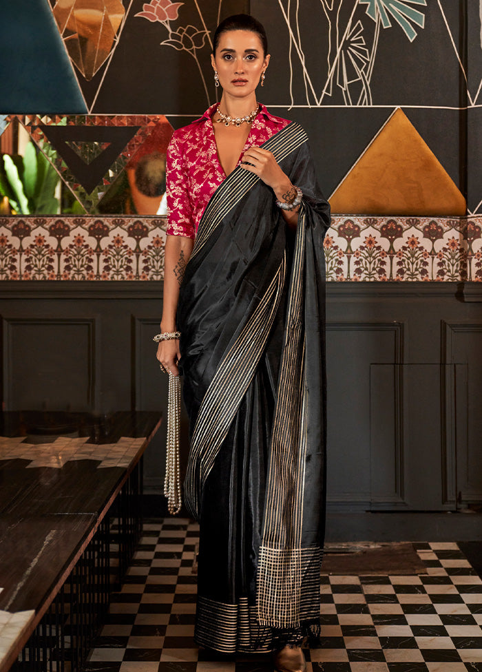 Black Spun Silk Saree With Blouse Piece