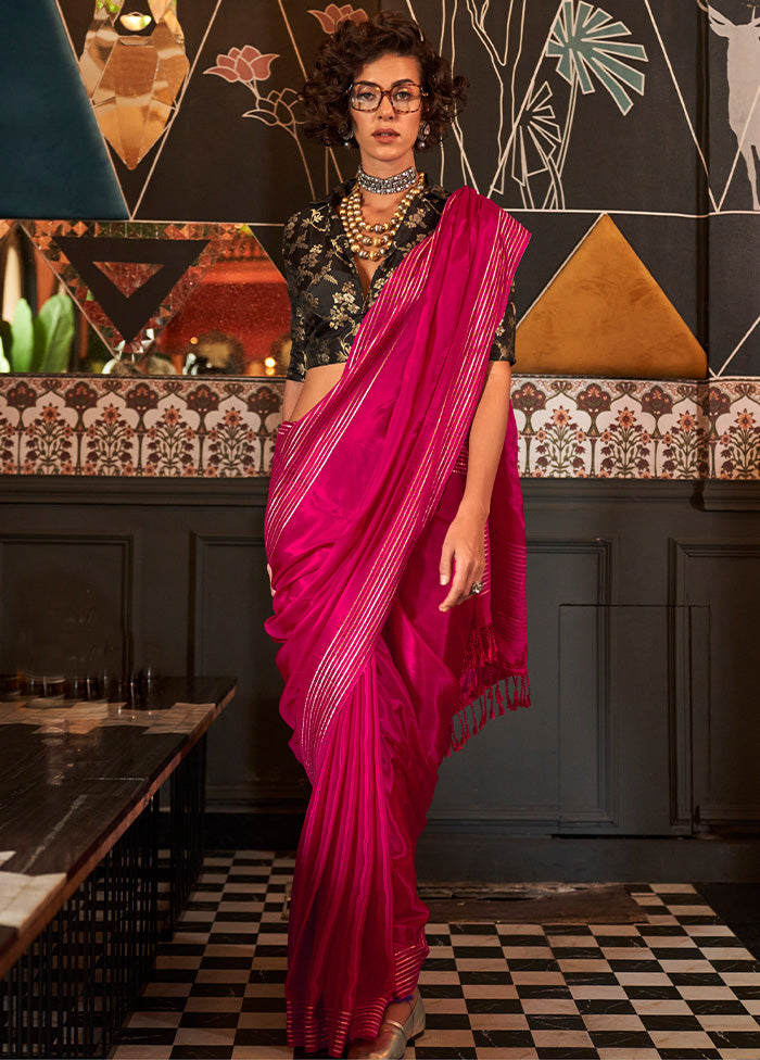 Dark Pink Spun Silk Saree With Blouse Piece