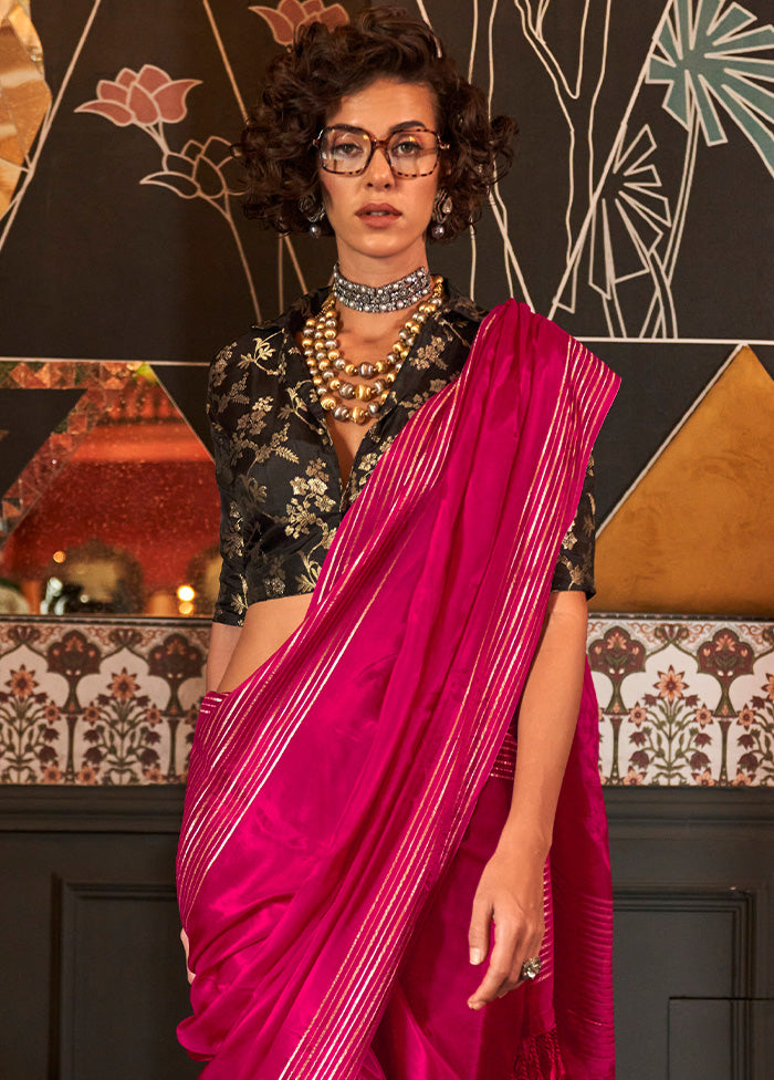 Dark Pink Spun Silk Saree With Blouse Piece