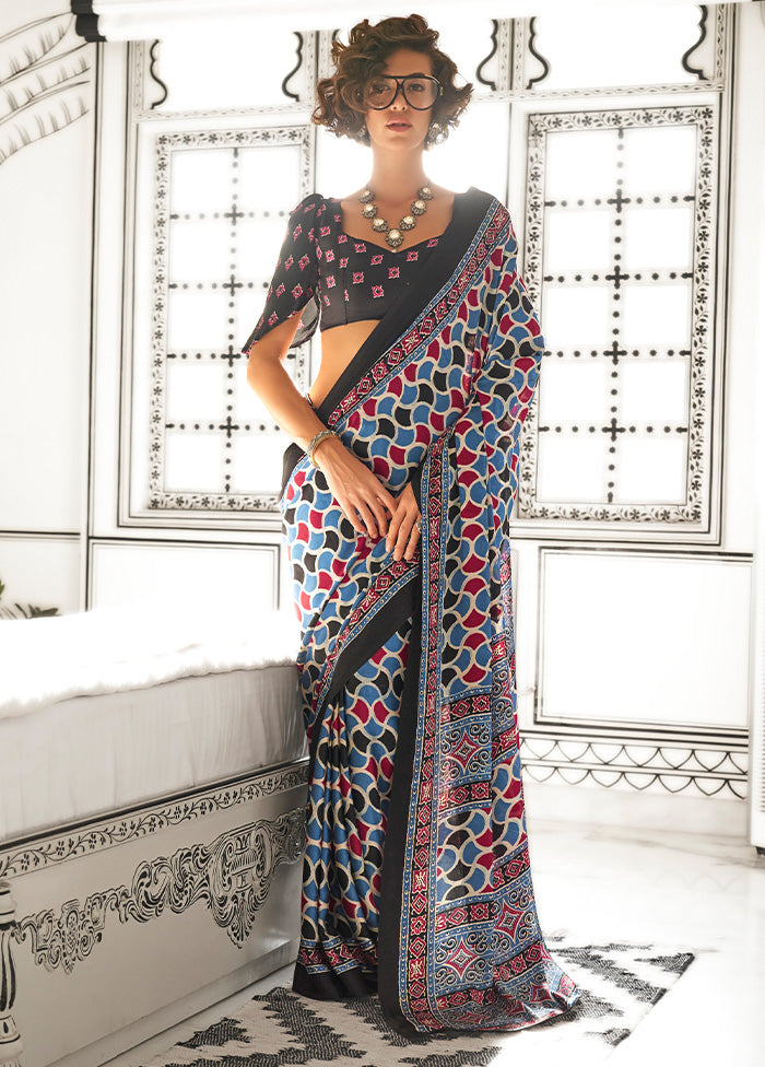 Multicolor Satin Silk Saree With Blouse Piece