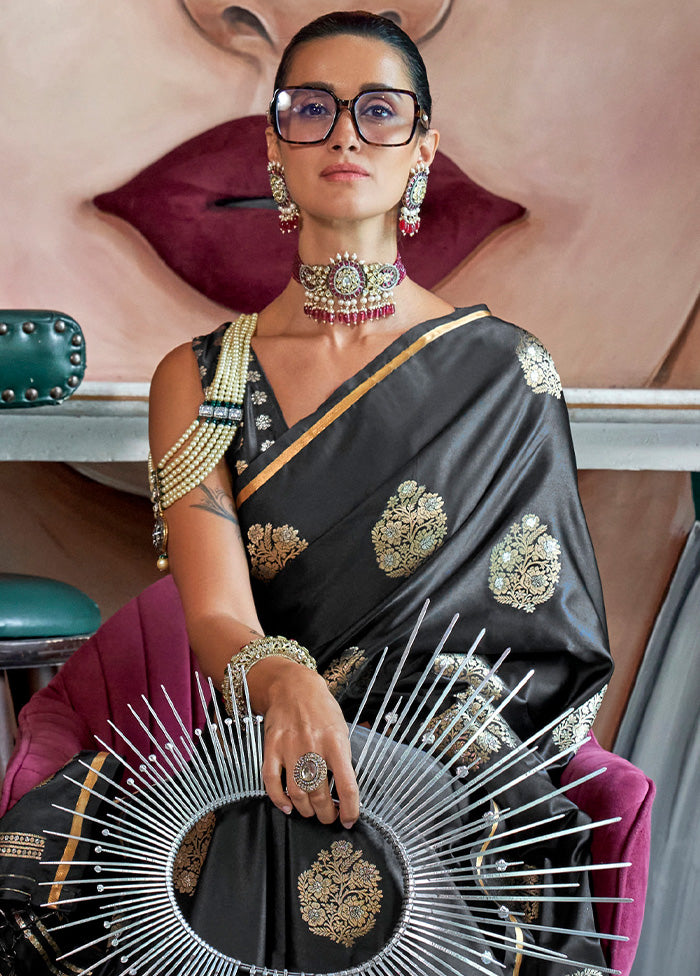 Black Spun Silk Saree With Blouse Piece