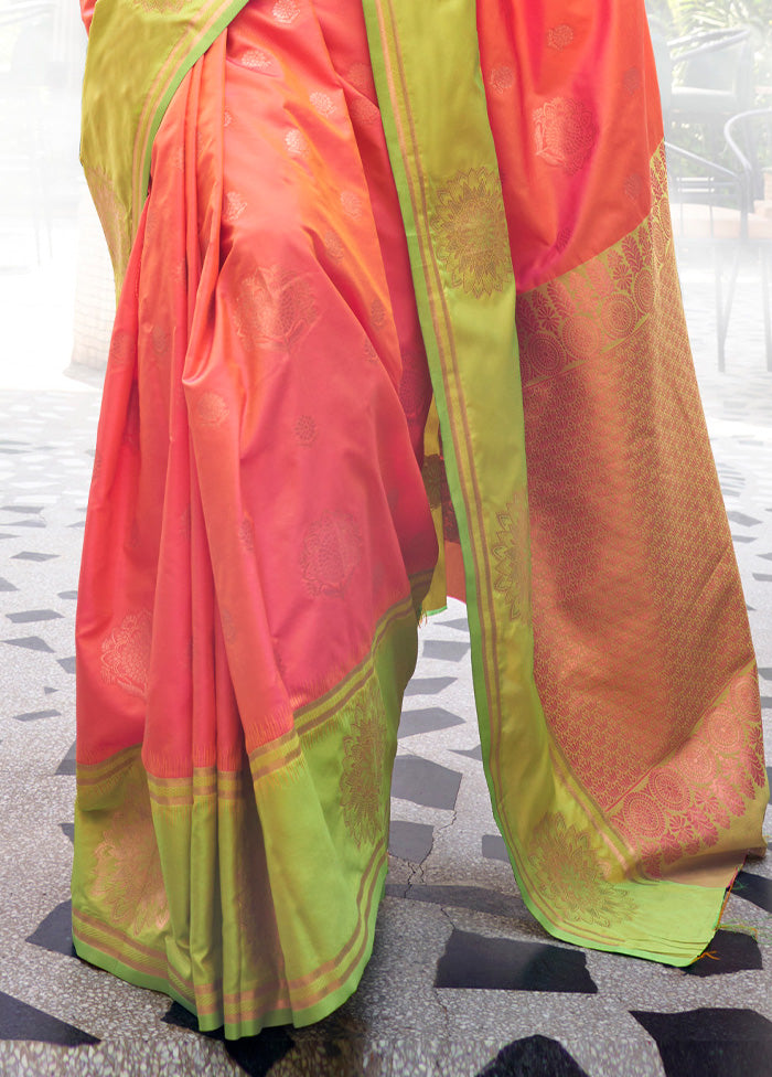 Dark Peach Spun Silk Saree With Blouse Piece