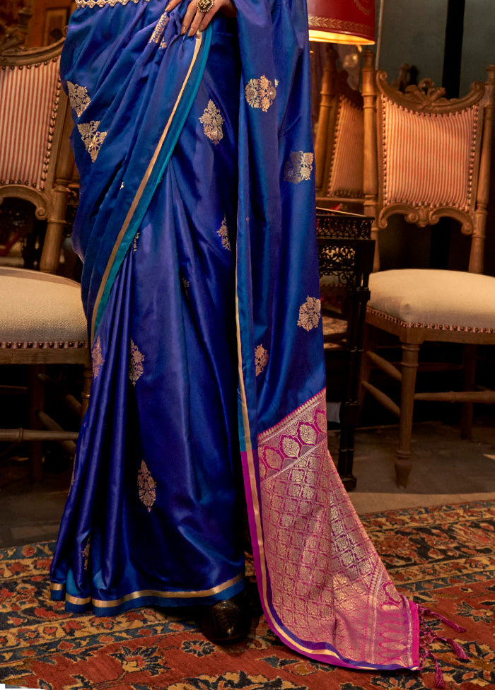 Royal Blue Satin Silk Saree With Blouse Piece