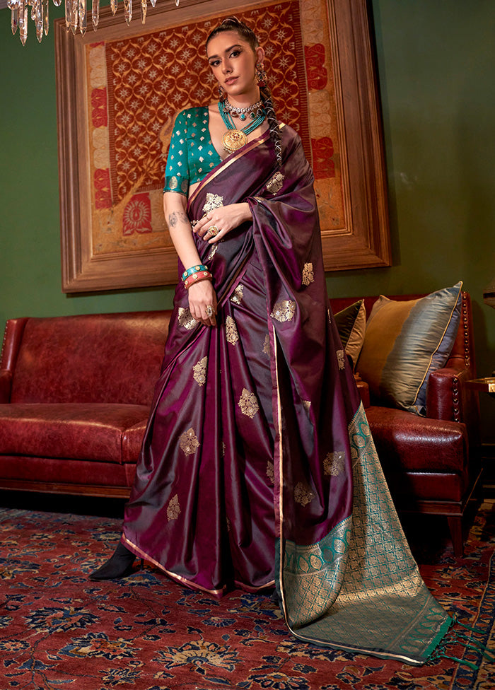 Wine Satin Silk Saree With Blouse Piece