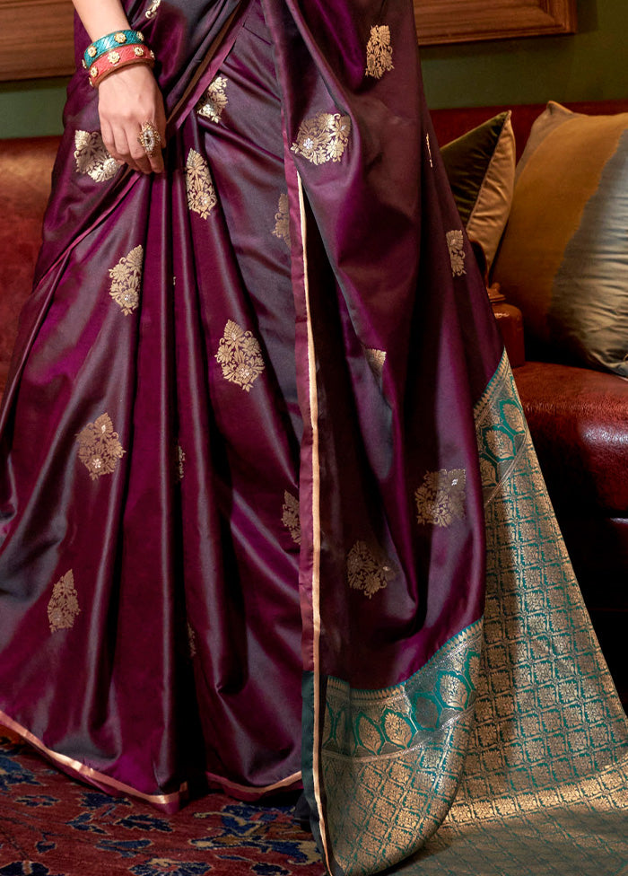 Wine Satin Silk Saree With Blouse Piece