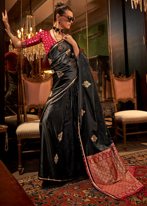 Black Satin Silk Saree With Blouse Piece