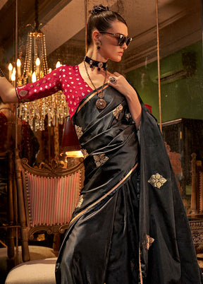 Black Satin Silk Saree With Blouse Piece