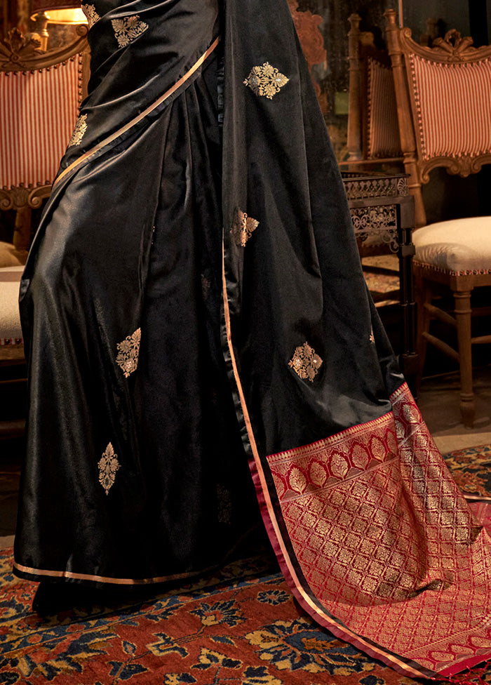 Black Satin Silk Saree With Blouse Piece