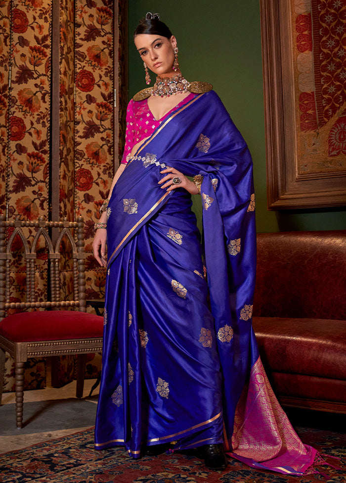 Blue Satin Silk Saree With Blouse Piece