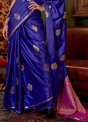 Blue Satin Silk Saree With Blouse Piece