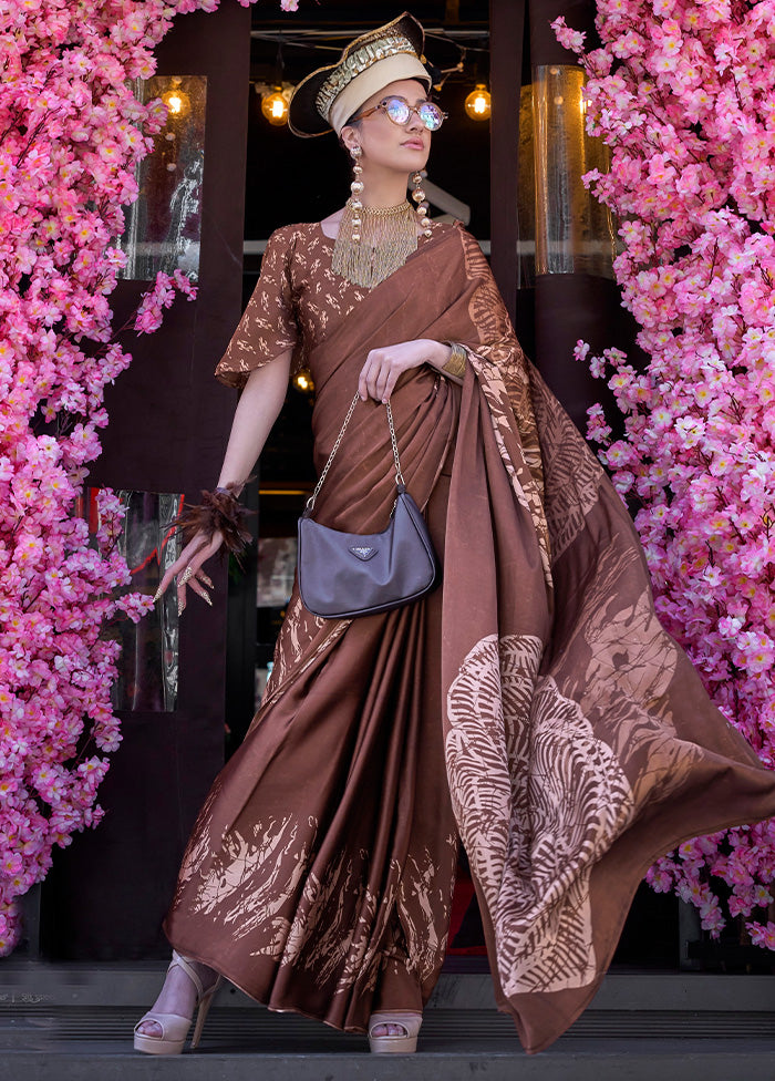 Brown Satin Silk Saree With Blouse Piece