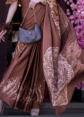 Brown Satin Silk Saree With Blouse Piece