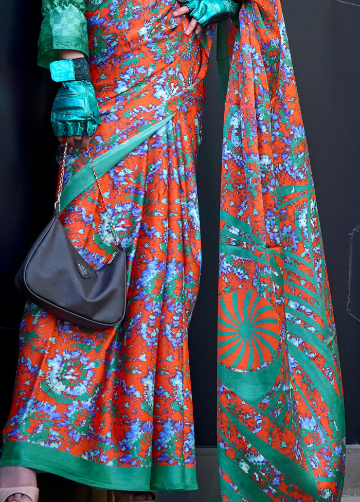 Multicolor Satin Silk Saree With Blouse Piece