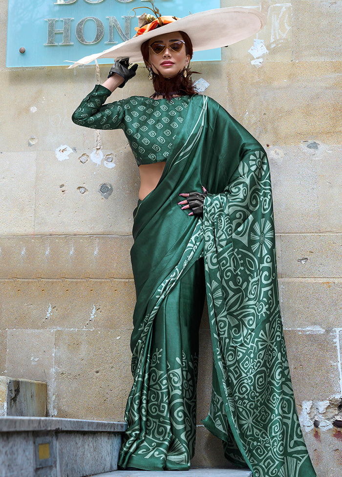 Green Satin Silk Saree With Blouse Piece