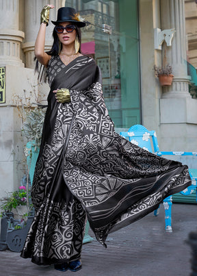 Black Satin Silk Saree With Blouse Piece