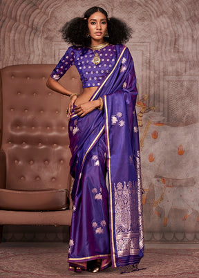 Dark Purple Satin Silk Saree With Blouse Piece