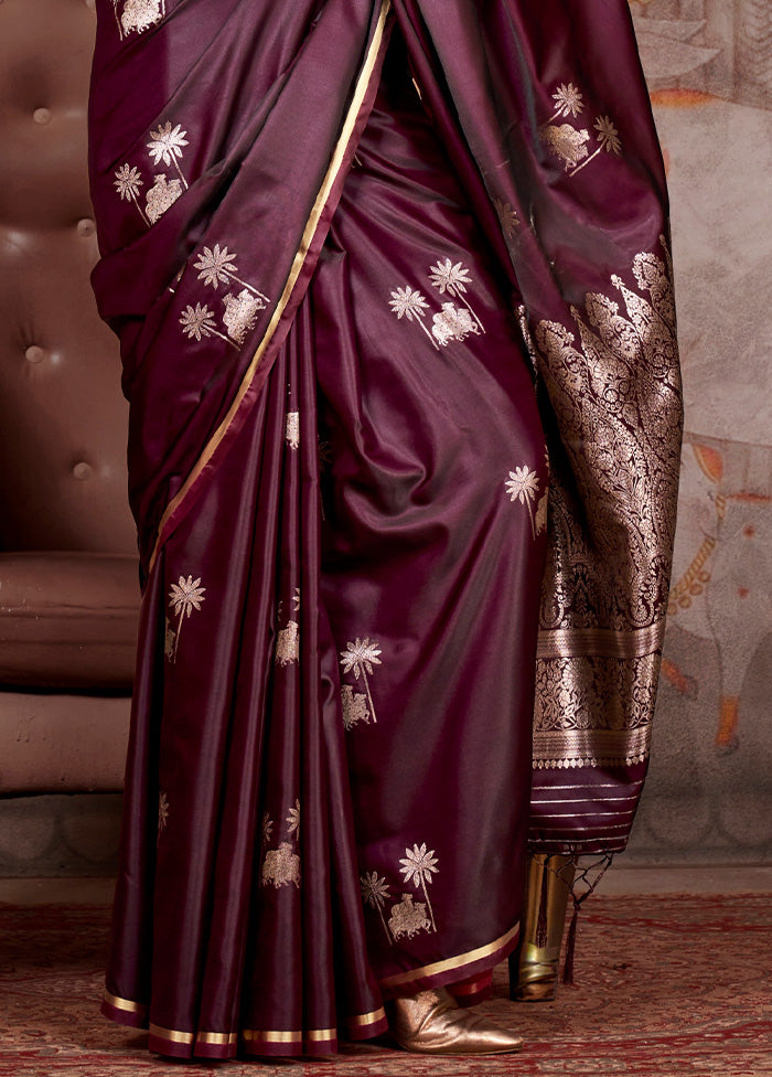 Wine Satin Silk Saree With Blouse Piece