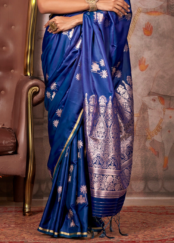 Blue Satin Silk Saree With Blouse Piece