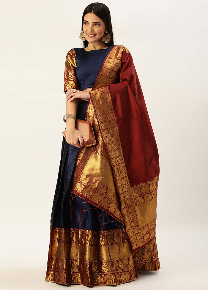 Navy Blue Silk Semi Stitched Lehenga Set