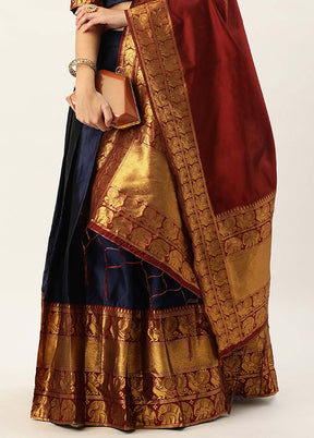 Navy Blue Silk Semi Stitched Lehenga Set