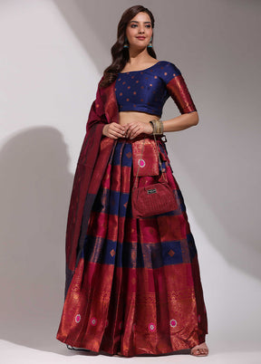 Navy Blue Silk Semi Stitched Lehenga Set