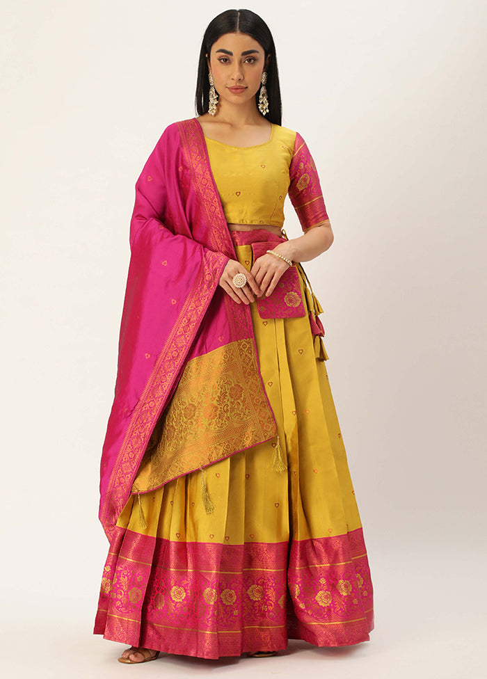 Yellow Silk Semi Stitched Lehenga Set