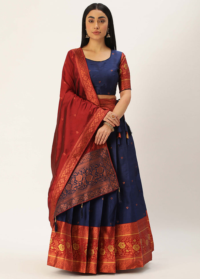 Navy Blue Silk Semi Stitched Lehenga Set