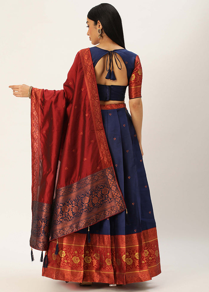 Navy Blue Silk Semi Stitched Lehenga Set