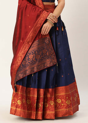 Navy Blue Silk Semi Stitched Lehenga Set