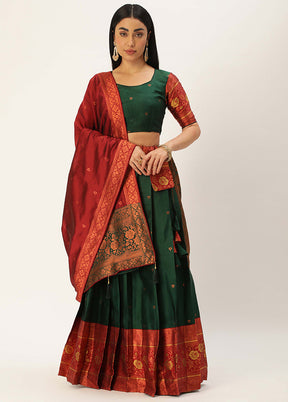 Bottle Green Silk Semi Stitched Lehenga Set