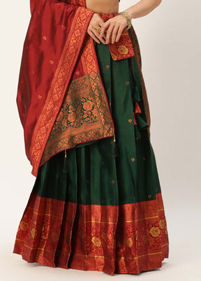 Bottle Green Silk Semi Stitched Lehenga Set