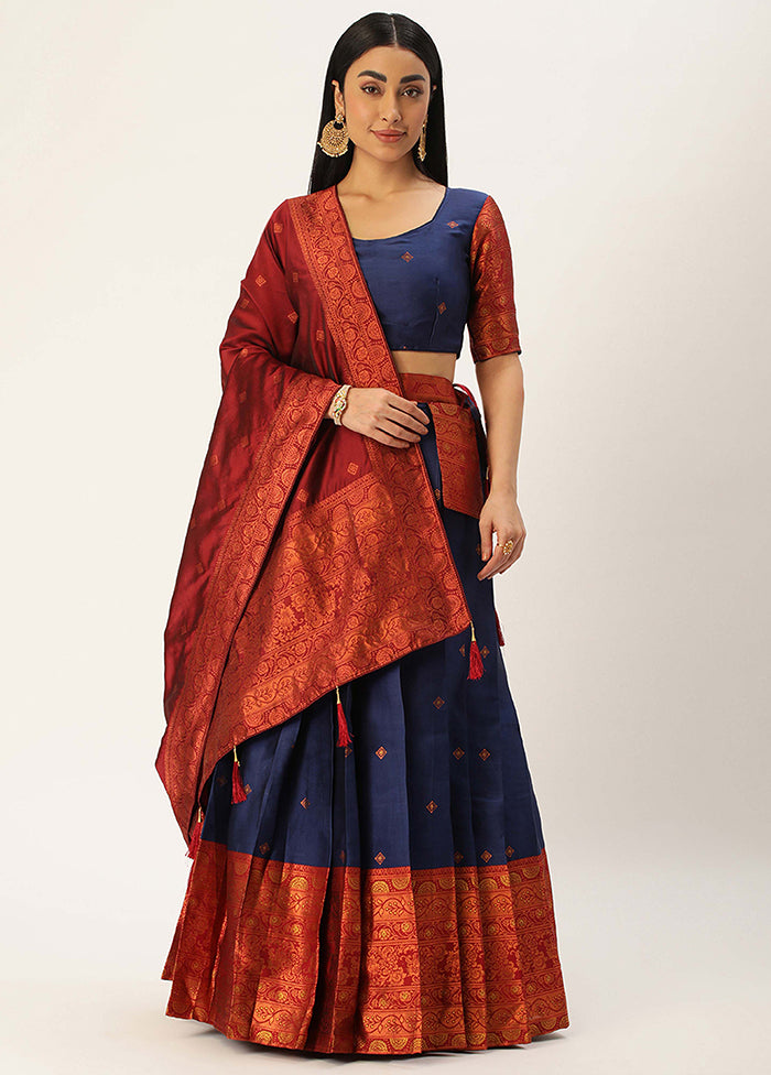 Navy Blue Silk Semi Stitched Lehenga Set