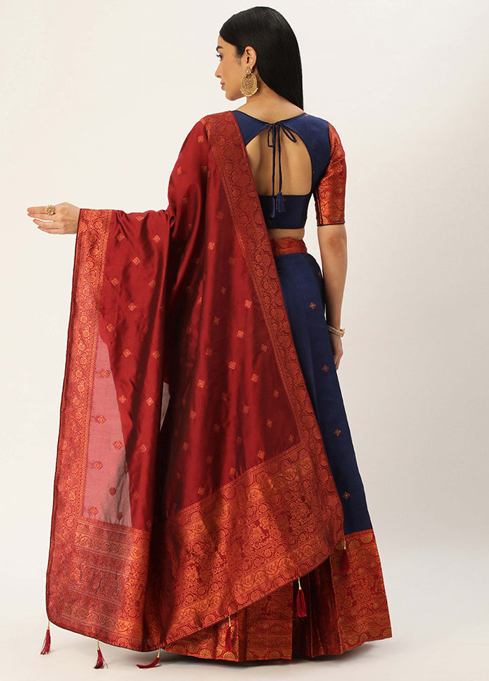 Navy Blue Silk Semi Stitched Lehenga Set