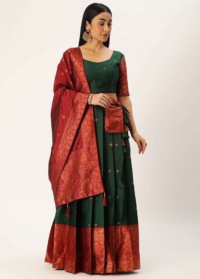 Bottle Green Silk Semi Stitched Lehenga Set